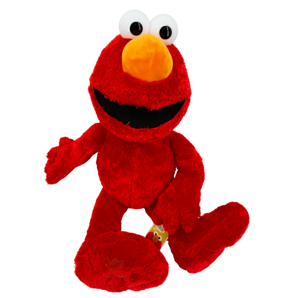 Großes rotes Elmo-Plüschtier mit orangefarbener Nase und breitem Lächeln, sitzend ca. 52 cm, komplette Länge mit Beinen ca. 72 cm